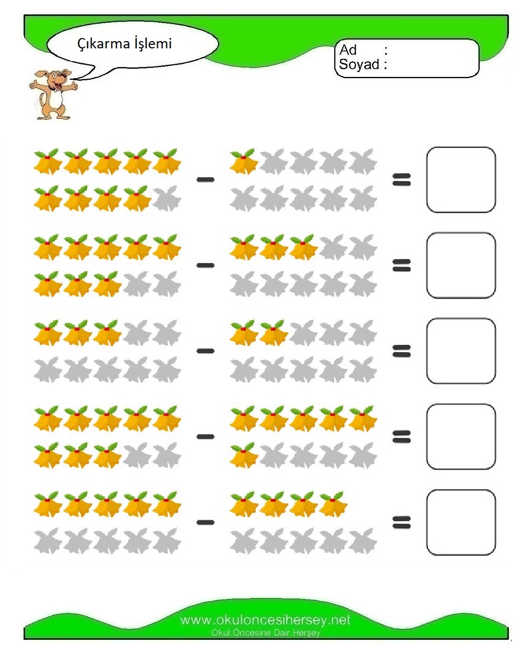 okul öncesi çocuklar Çıkarma İşlemi çalışma sayfaları
